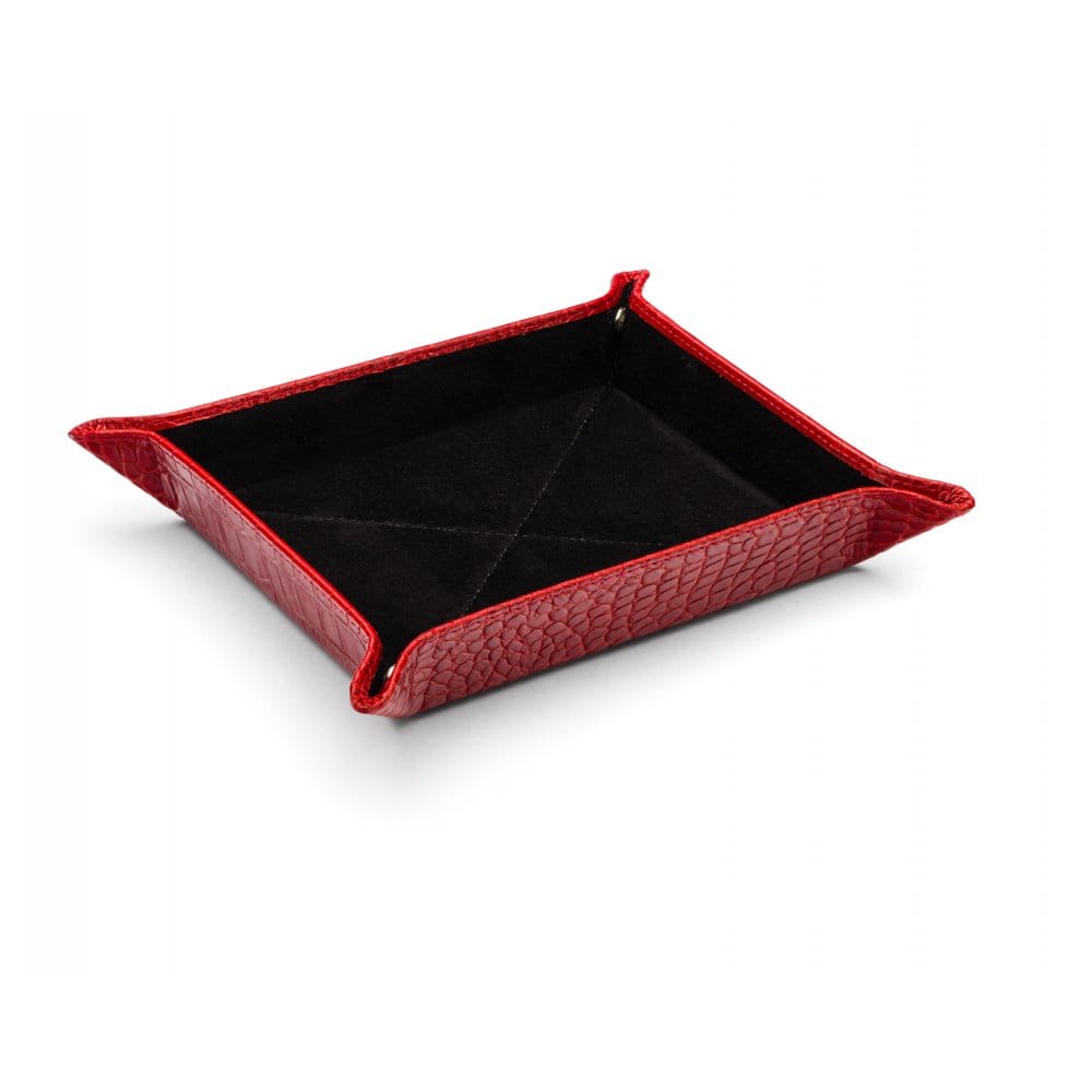 Leather valet tray, red croc with black