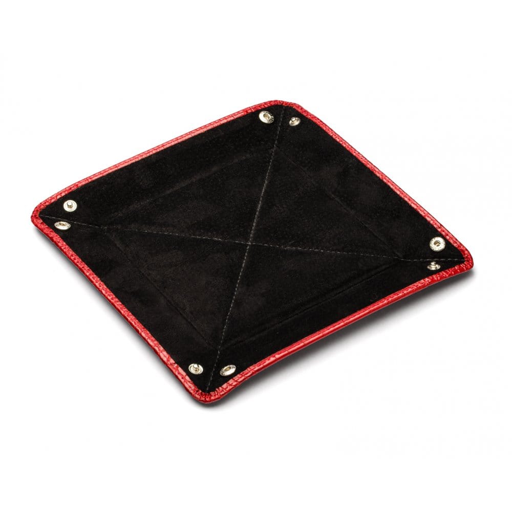 Leather valet tray, red croc with black, flat