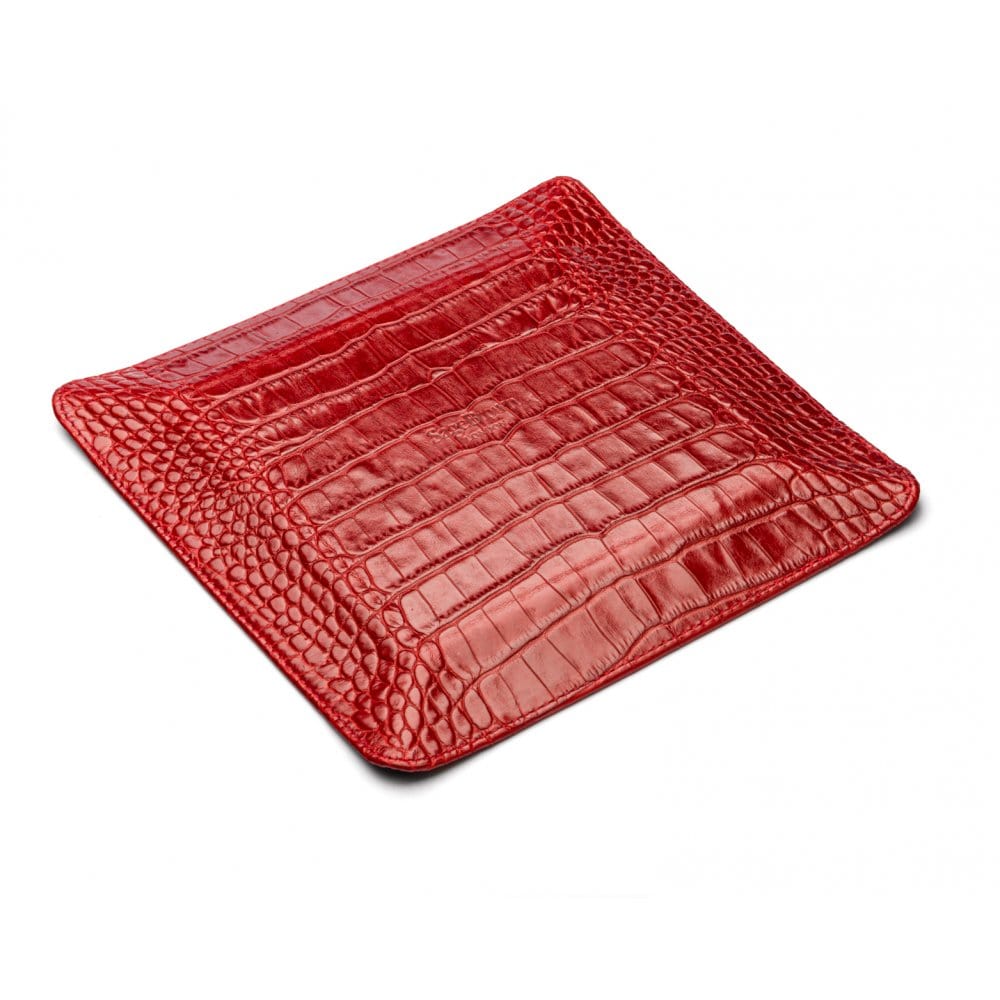 Leather valet tray, red croc with black, flat base