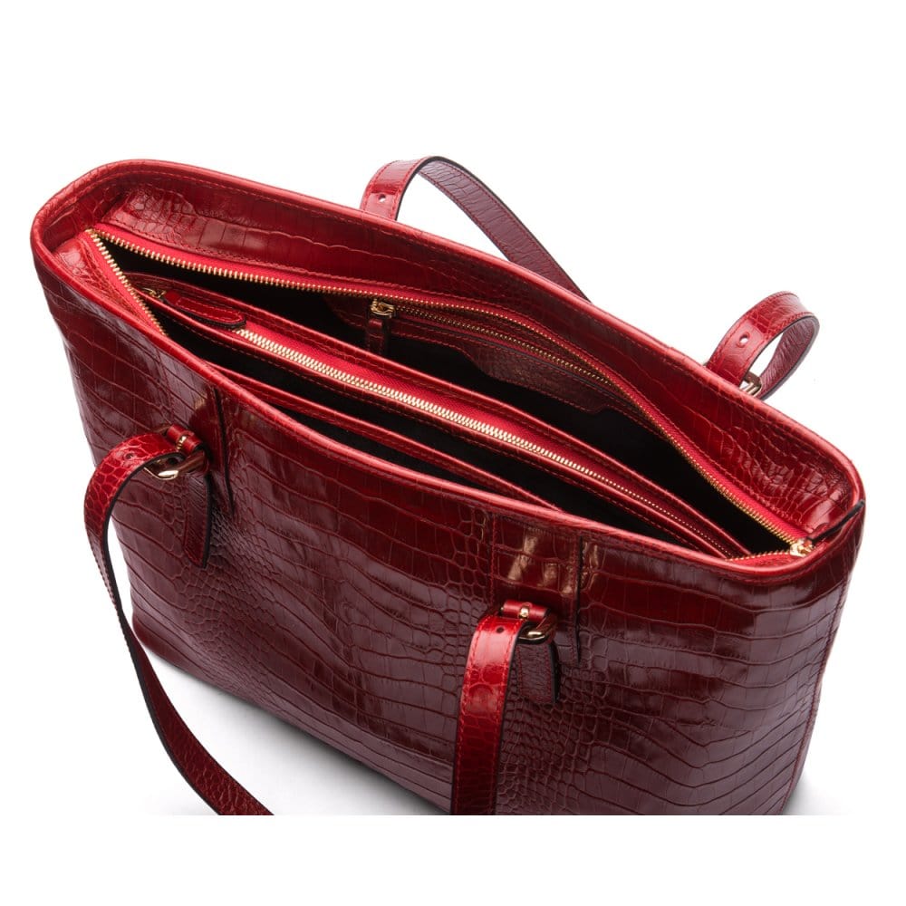 Women's leather 13" laptop workbag, red croc, open