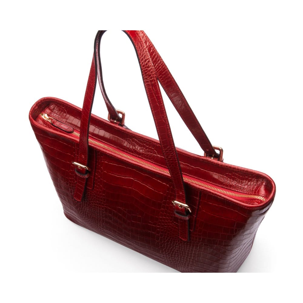 Women's leather 13" laptop workbag, red croc, zip closure