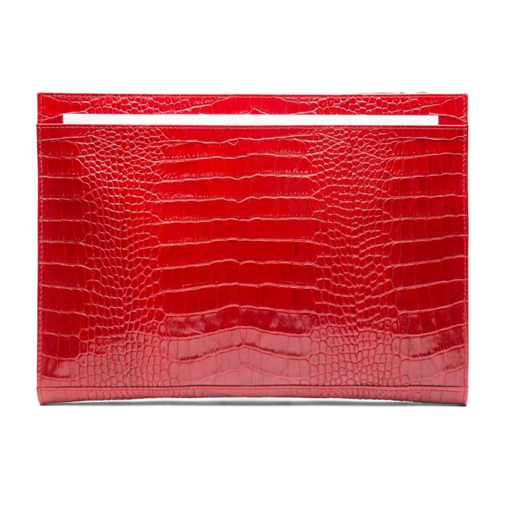Zip top leather folder, red croc, front view