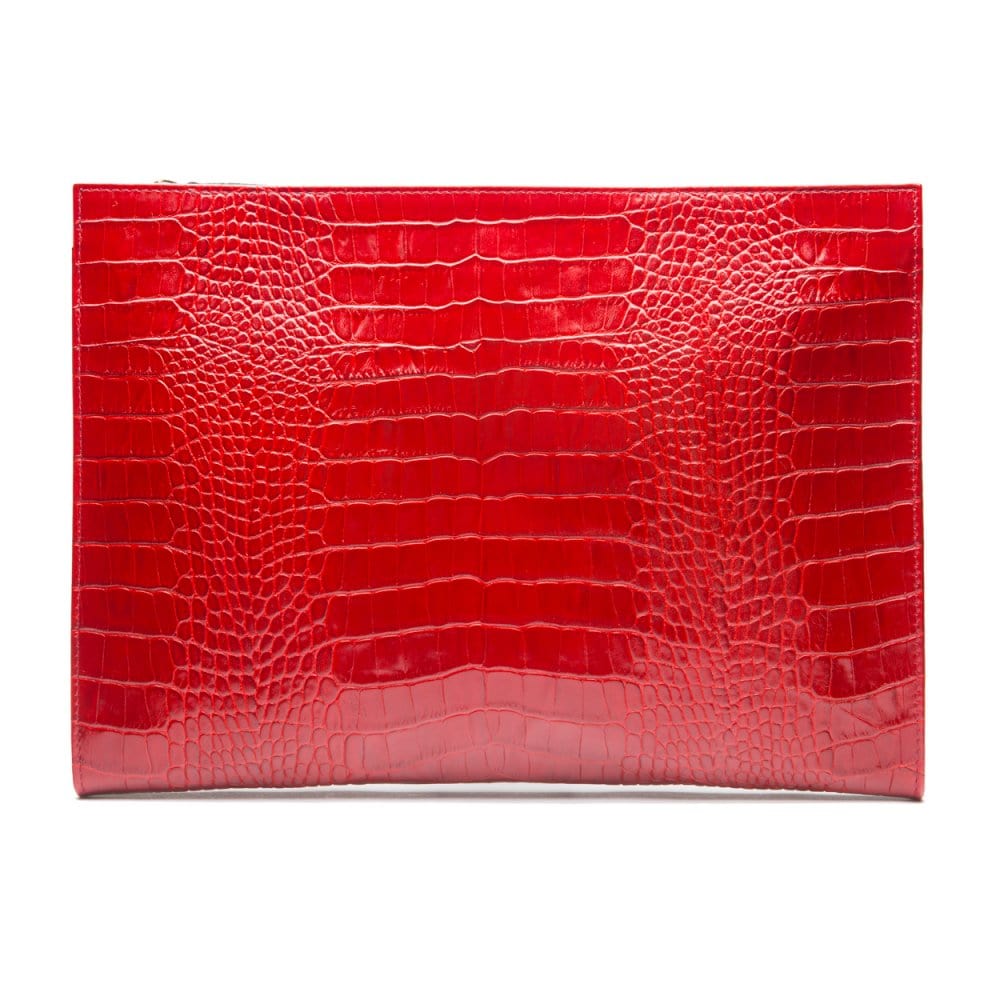Zip top leather folder, red croc, back view