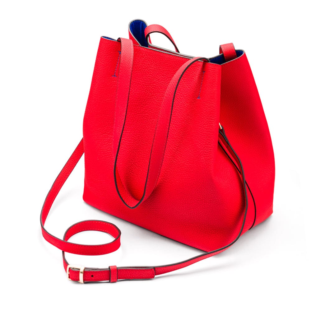 Leather tote bag, red, with shoulder strap