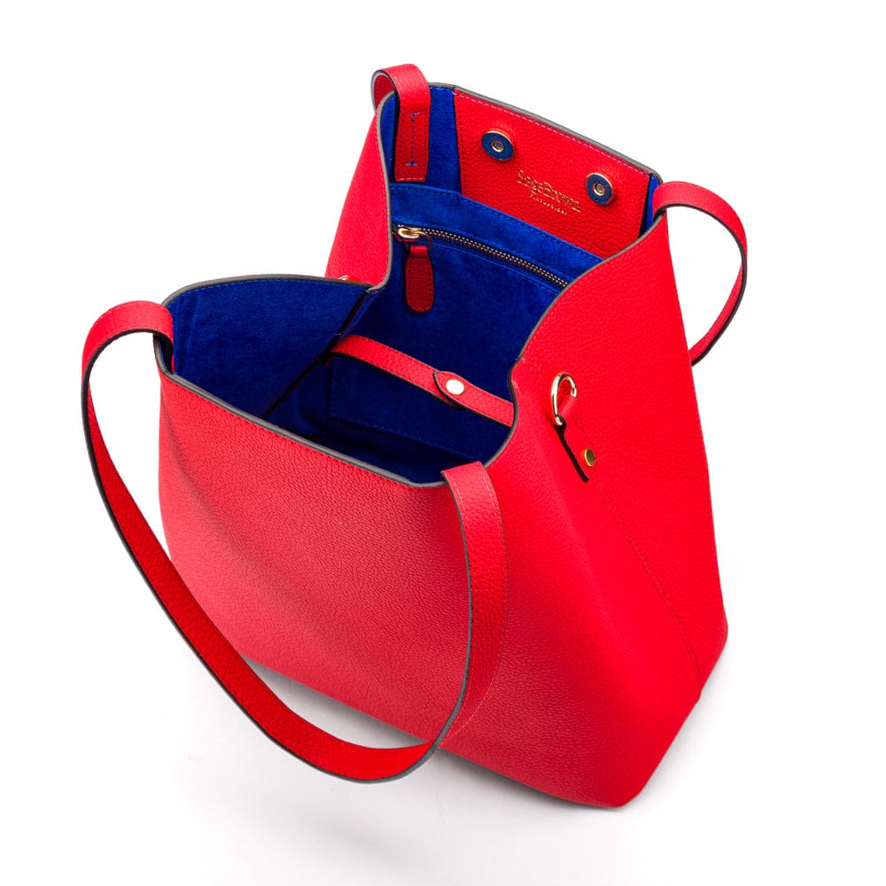 Leather tote bag, red, inside closed