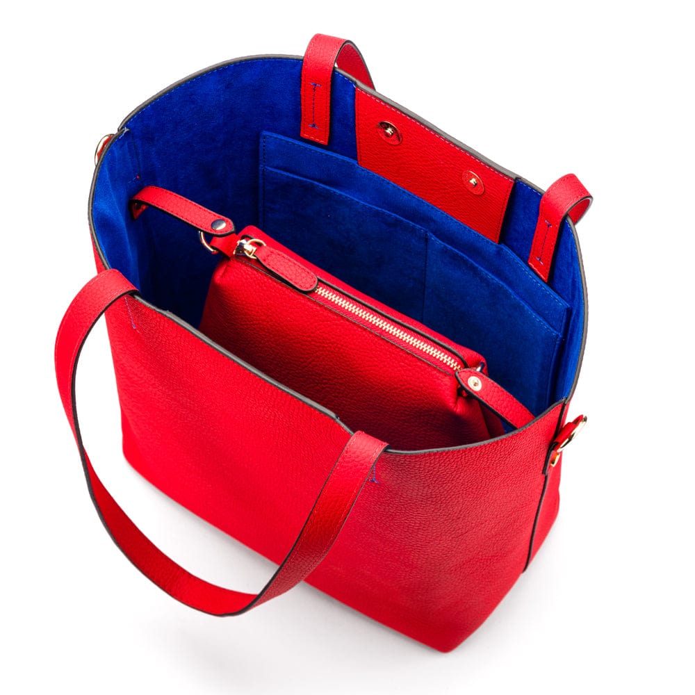 Leather tote bag, red, inside view with inner bag