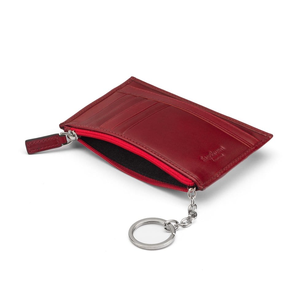Flat leather card wallet with jotter and zip, red, open