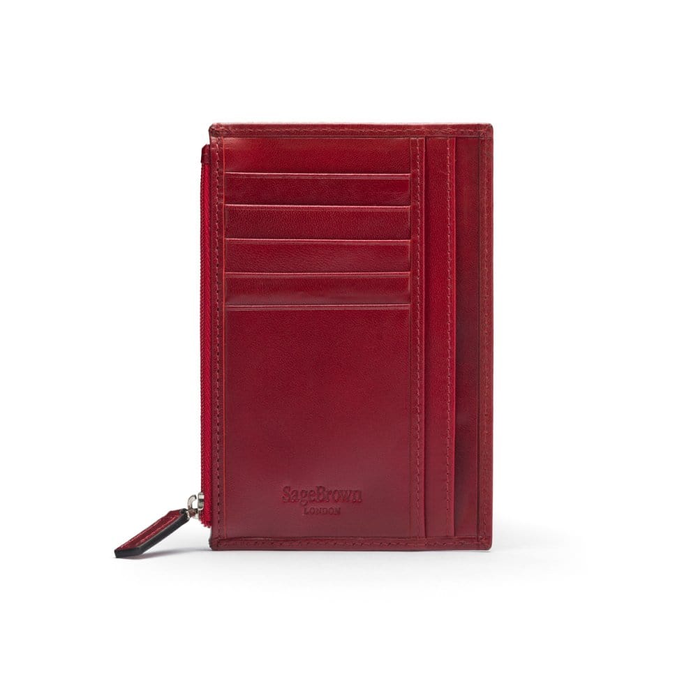 Flat leather card wallet with jotter and zip, red, back