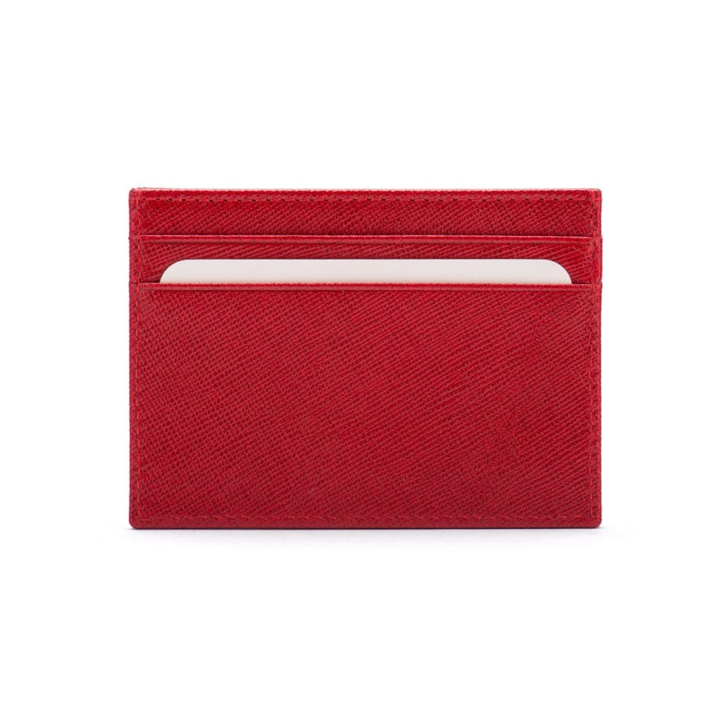 Flat leather credit card wallet 4 CC, red saffiano, front
