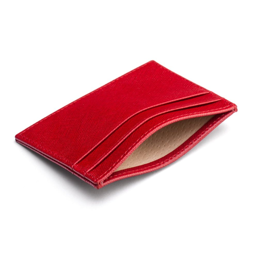 Flat leather credit card wallet 4 CC, red saffiano, inside