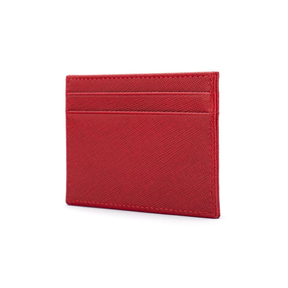 Flat leather credit card wallet 4 CC, red saffiano, side