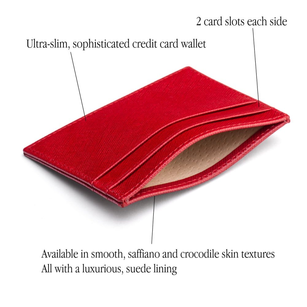 Flat leather credit card wallet 4 CC, red saffiano, features