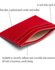 Flat leather credit card wallet 4 CC, red saffiano, features