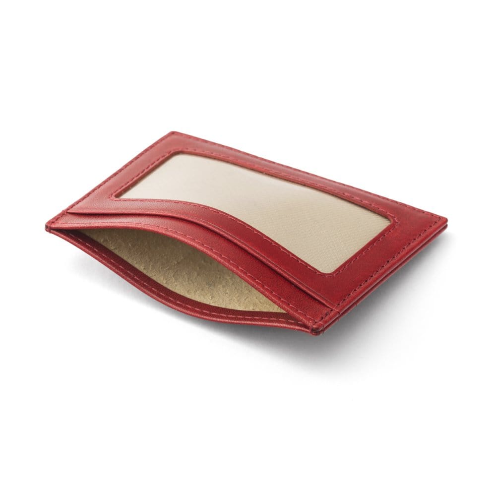 Flat leather card wallet with ID window, red, inside