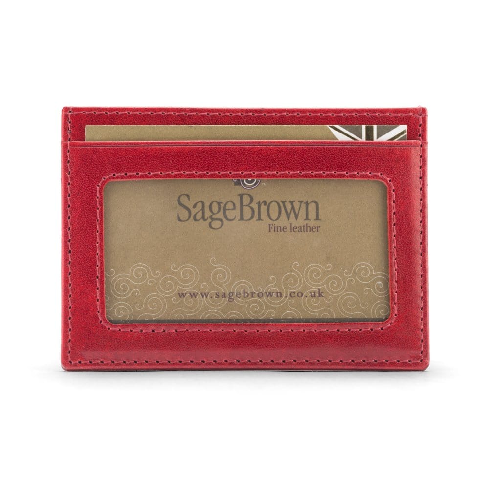 Flat leather card wallet with ID window, red, front