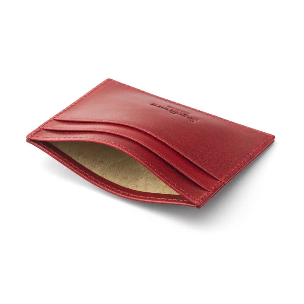 Flat leather card wallet with ID window, red, back