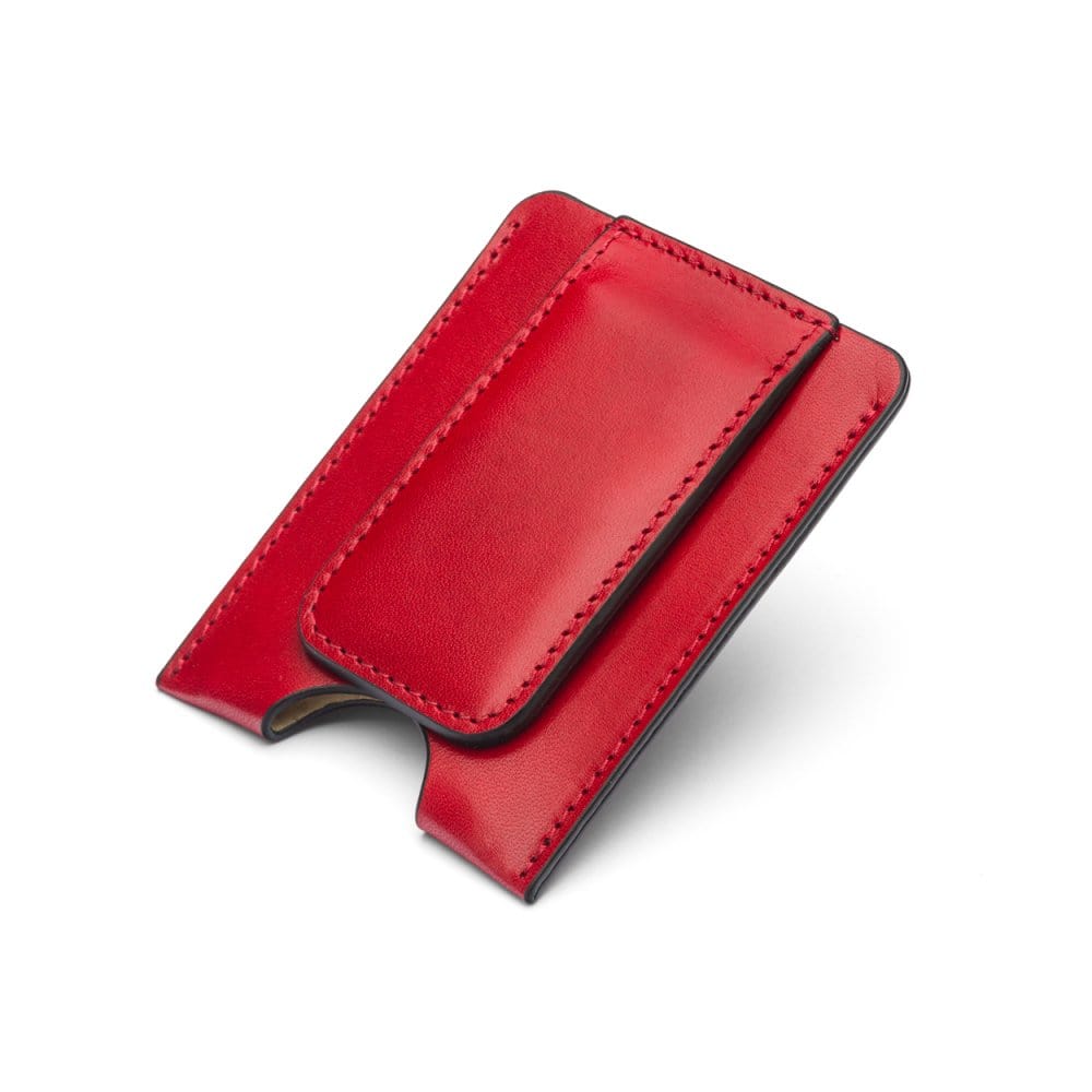 Flat magnetic leather money clip card holder, red, front