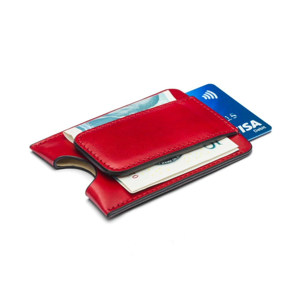 Flat magnetic leather money clip card holder, red, side