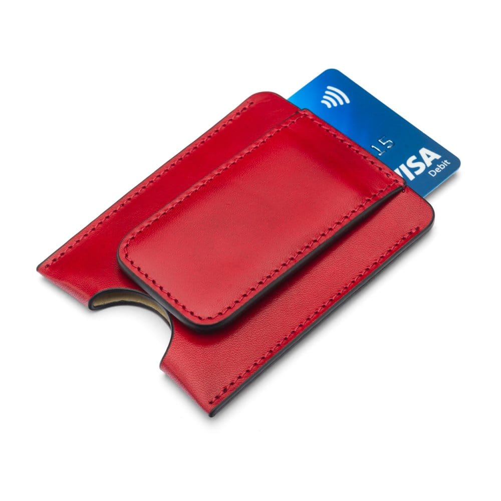 Flat magnetic leather money clip card holder, red