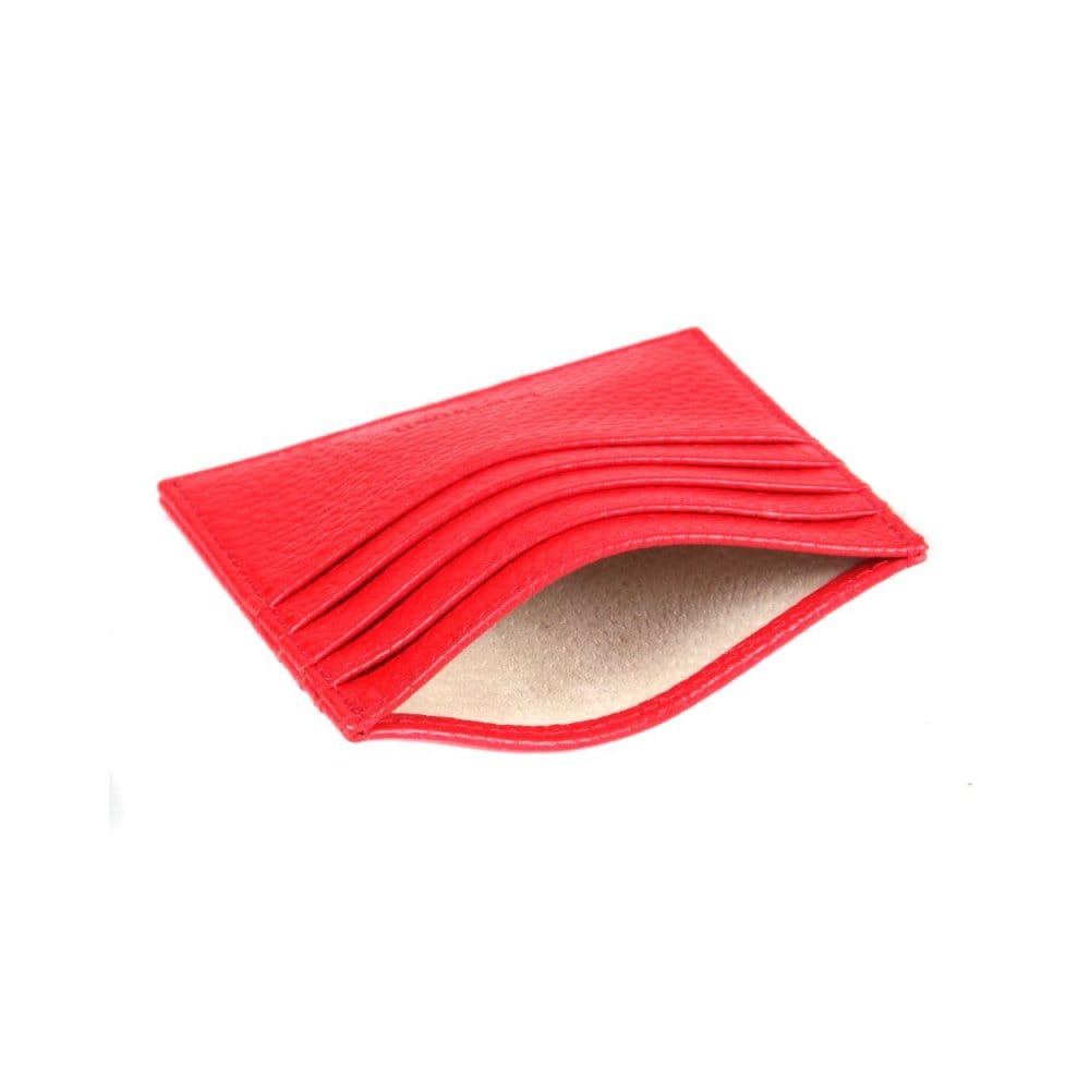 Flat leather 8 credit card wallet, red pebble grain