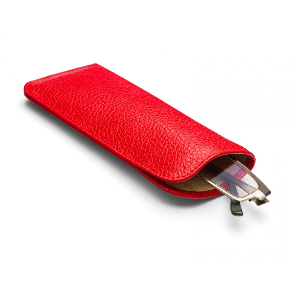 Large leather glasses case, red pebble grain, open