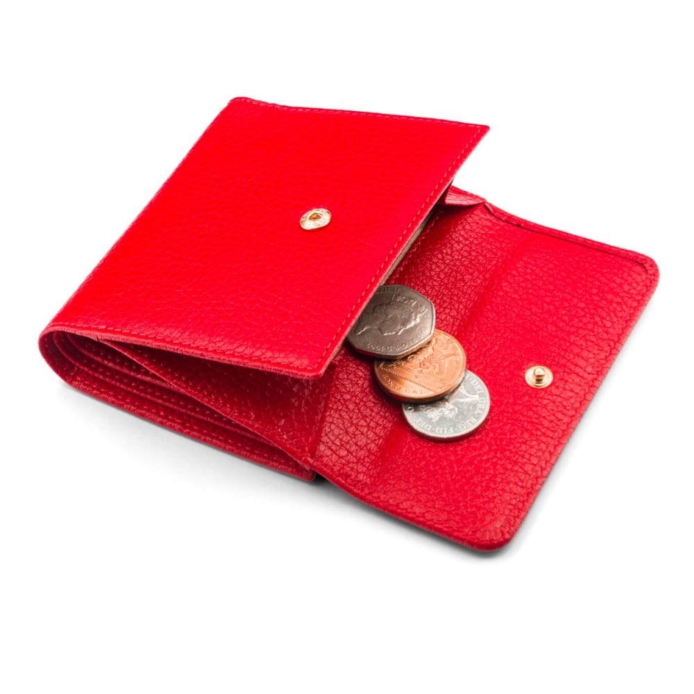 Women&#39;s leather purse with 6 cards and coins, red, open view