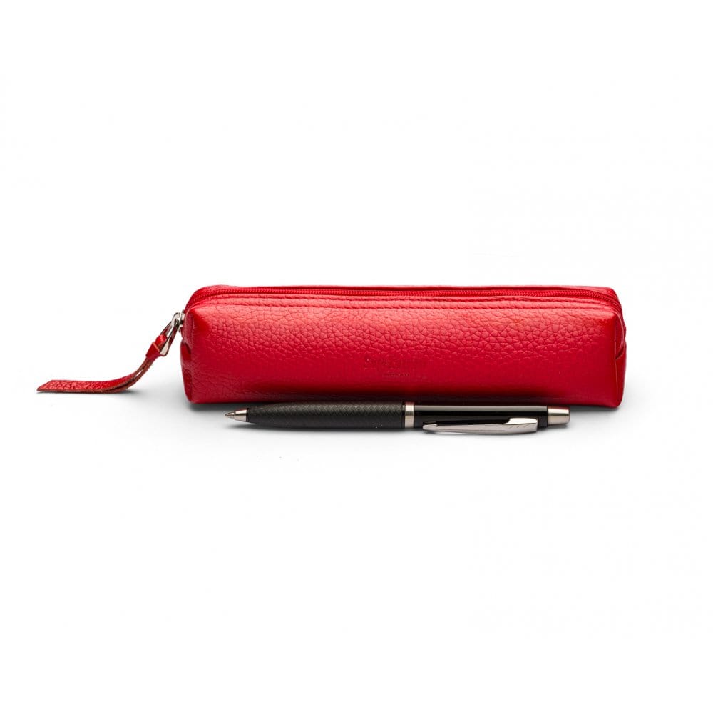 Leather pencil case, red pebble grain, front