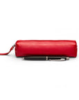 Leather pencil case, red pebble grain, front