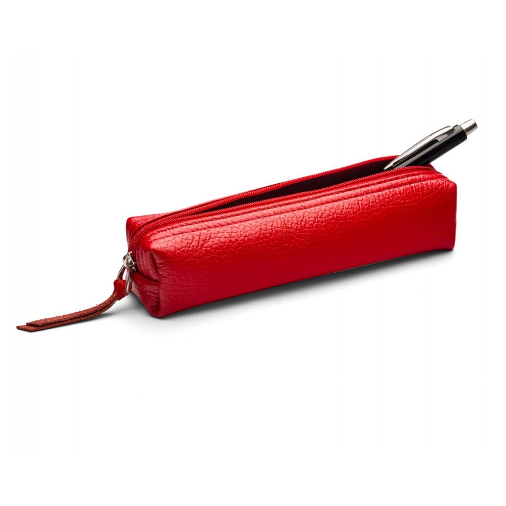 Leather pencil case, red pebble grain, open