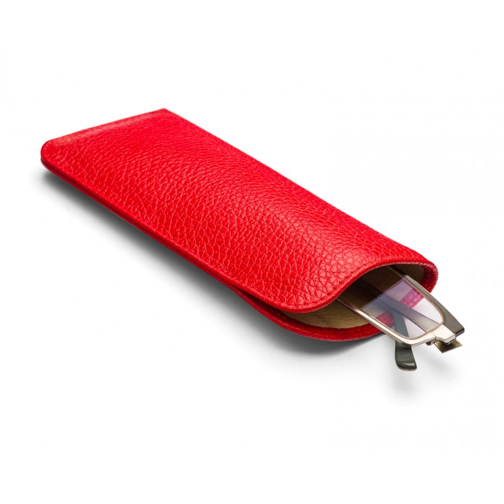 Small leather glasses case, red pebble grain, open