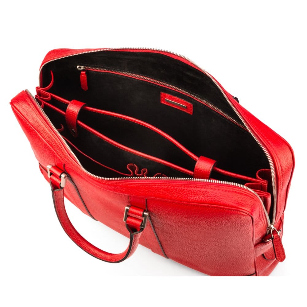 15" leather laptop bag, red, inside
