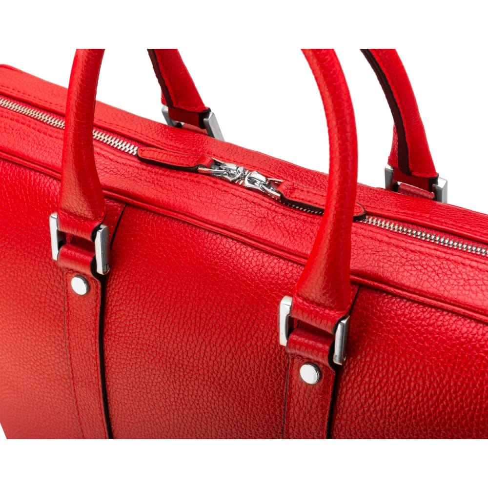 15" leather laptop bag, red, zip closure