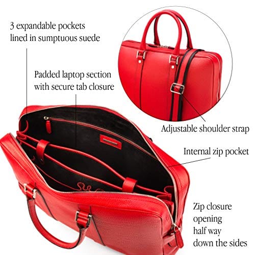 15" leather laptop bag, red, features