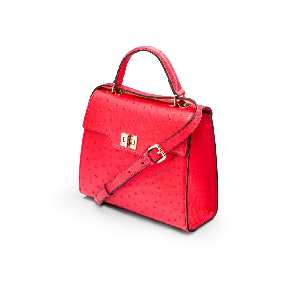 Real ostrich top handle bag, red, side view