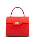 Genuine ostrich top handle bag, red, front view