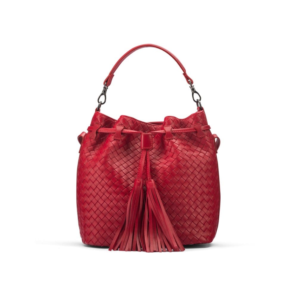 Woven leather bucket bag, red, front