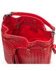 Woven leather bucket bag, red, inside