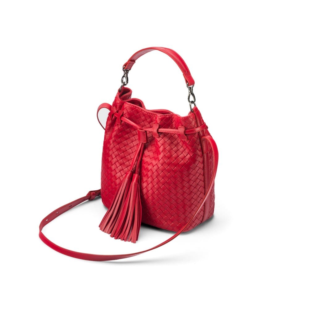 Woven leather bucket bag, red, side view