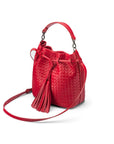 Woven leather bucket bag, red, side view