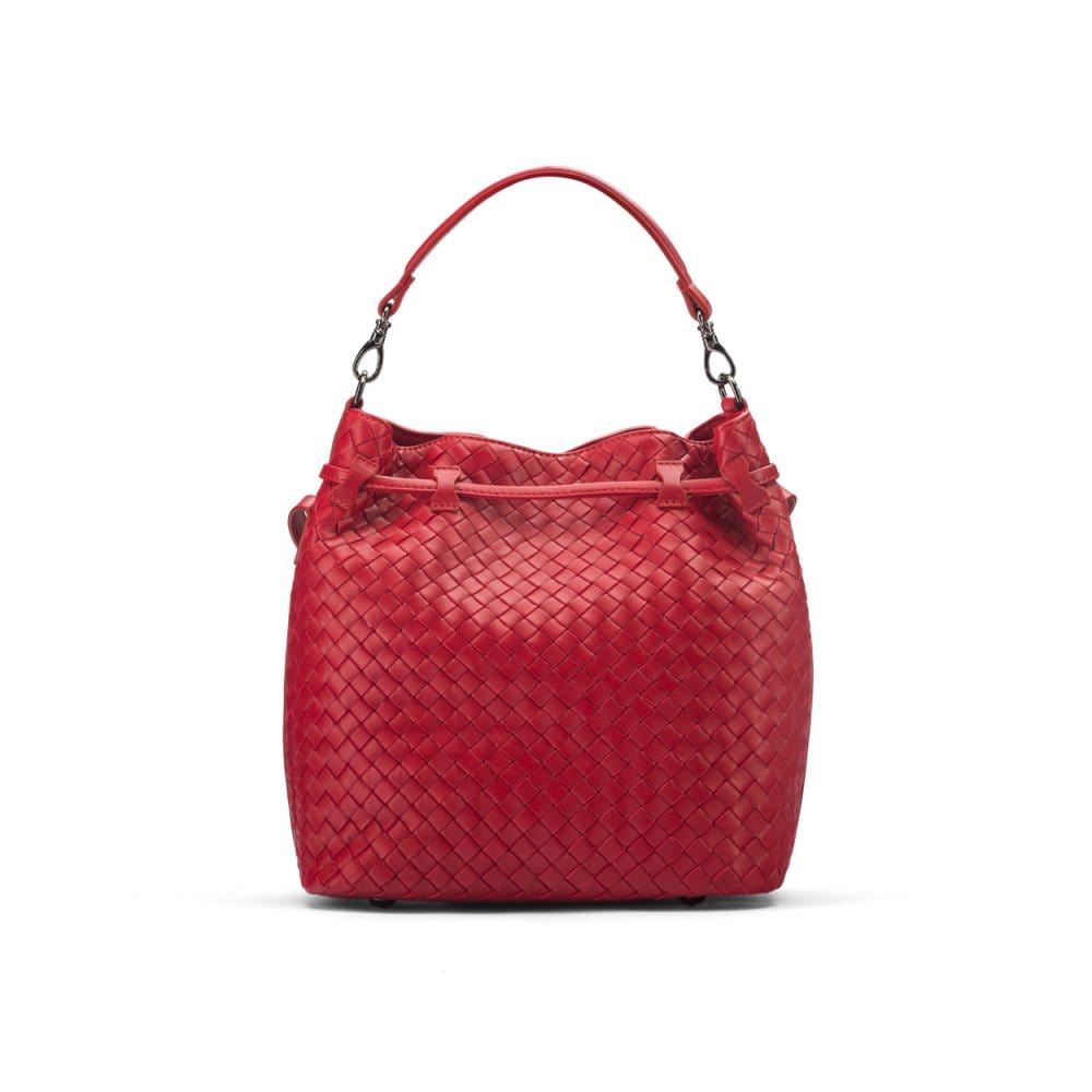 Woven leather bucket bag, red, back