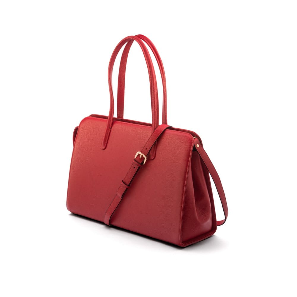 Ladies' leather 15" laptop handbag, red, with shoulder strap