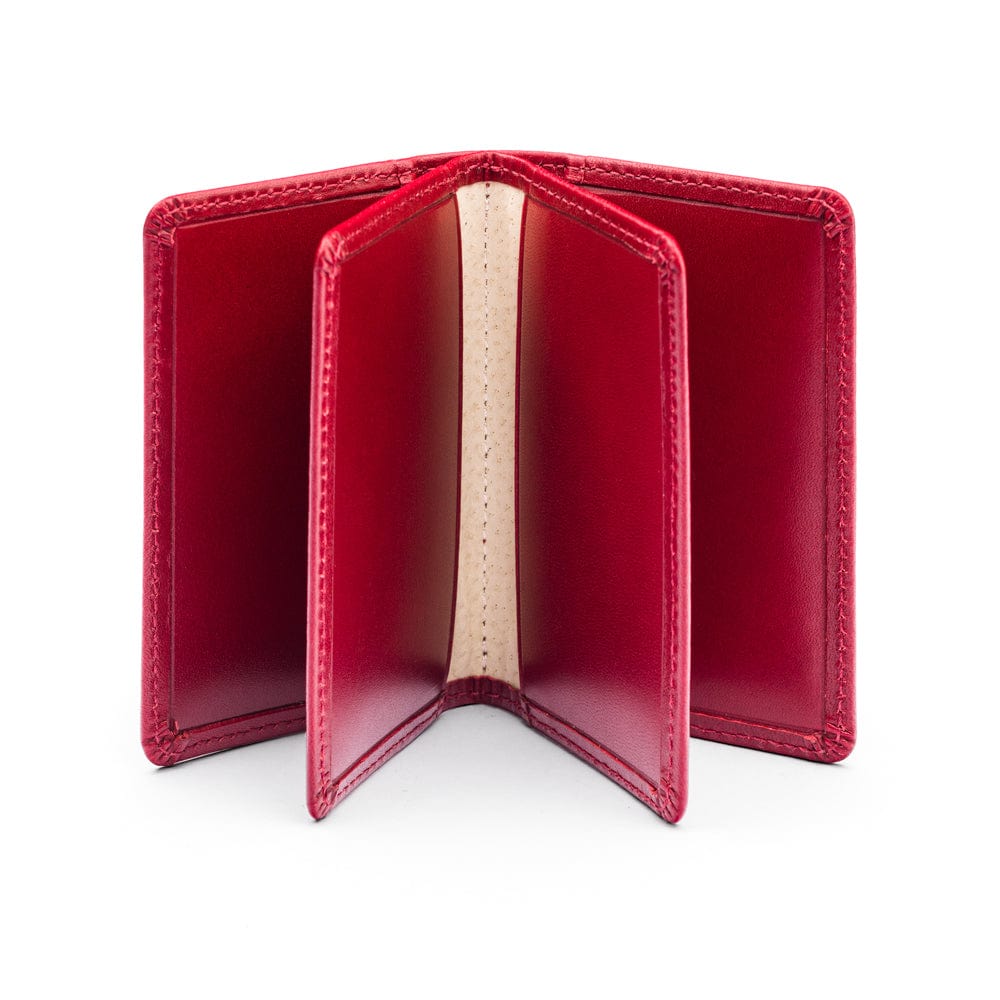 Leather bifold card wallet, red, open