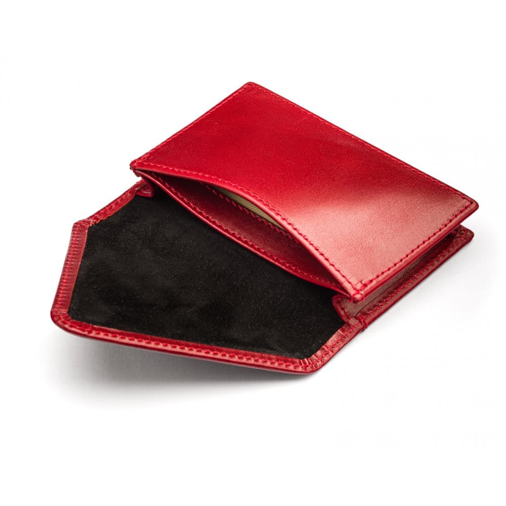 Leather business card envelope, red, open