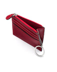 Leather card case with zip coin purse and key chain, red, open