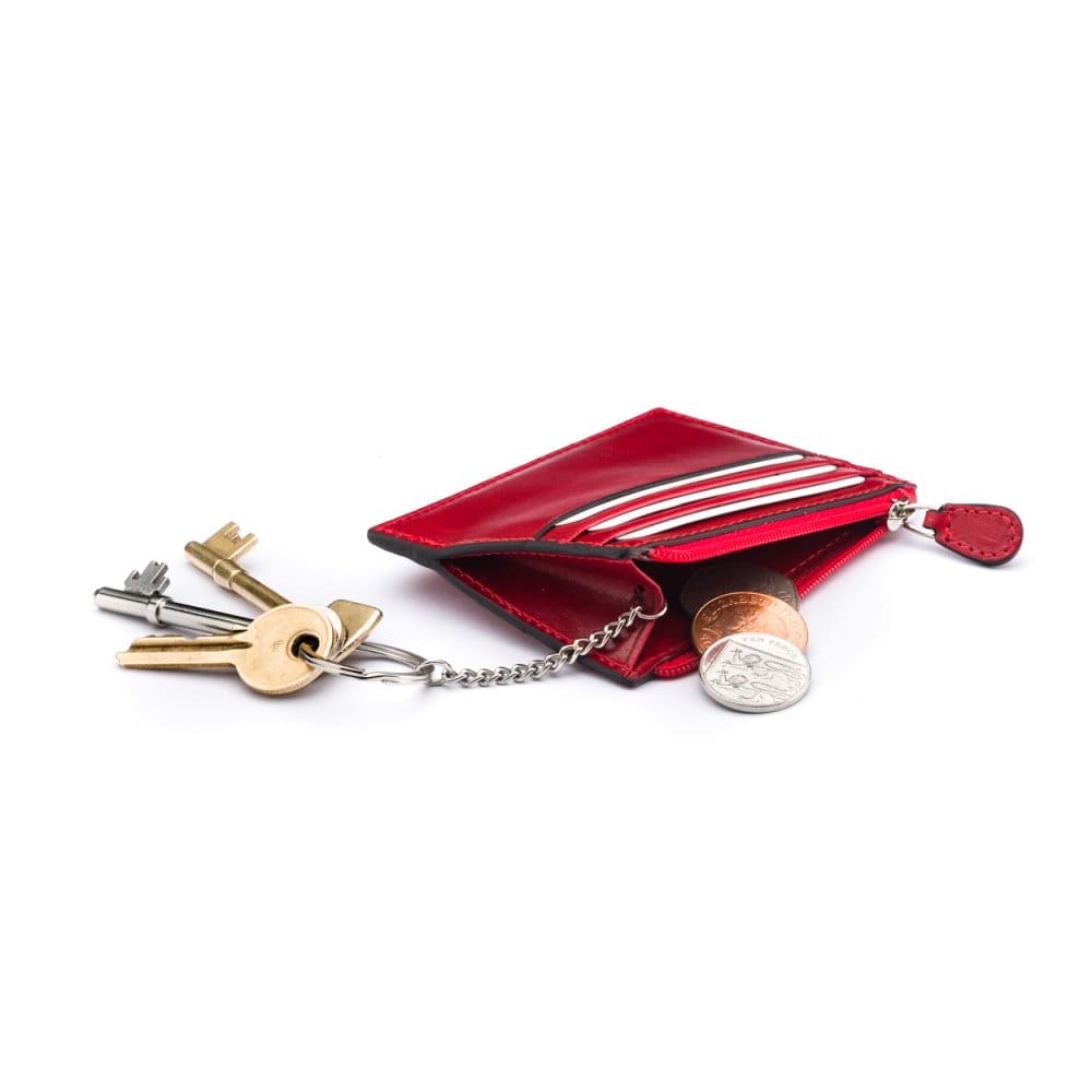 Leather card case with zip coin purse and key chain, red, inside