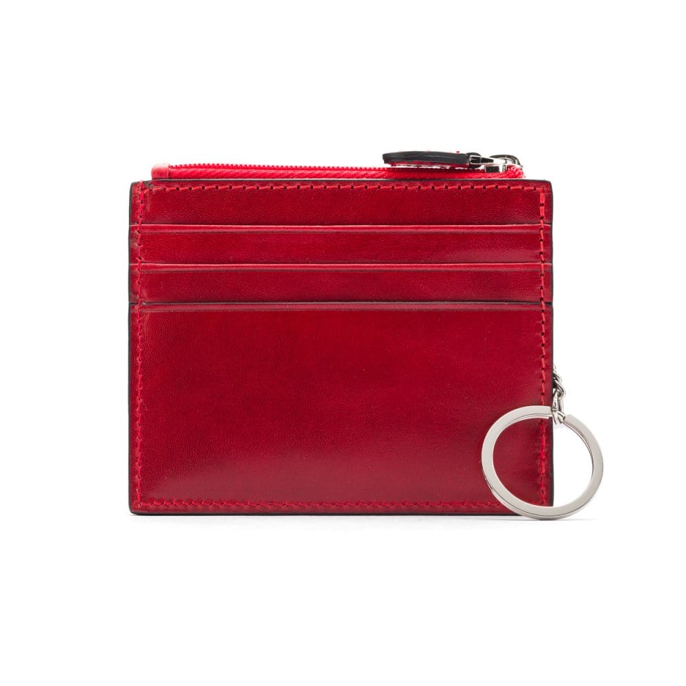 Leather card case with zip coin purse and key chain, red, front
