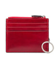 Leather card case with zip coin purse and key chain, red, front