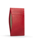 Flat leather credit card holder with middle pocket, 5 CC slots, red saffiano, front