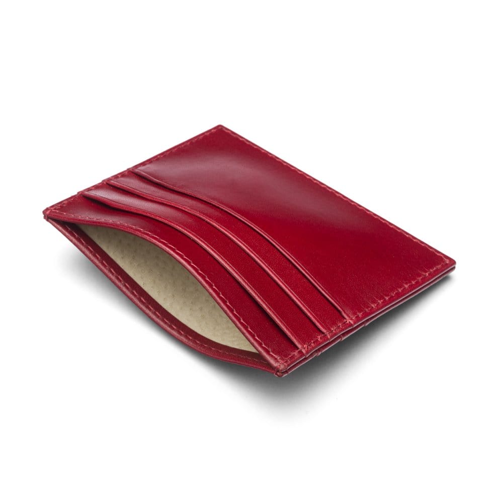 Leather flat credit card wallet 6 CC, red, inside
