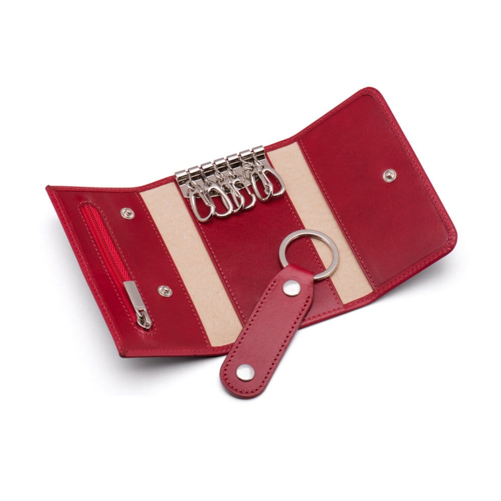 Key wallet with detachable key fob, red, open